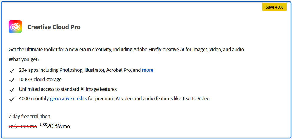 Thông tin quyền lợi Creative Cloud Pro
